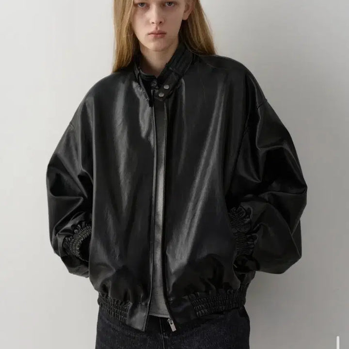 [BUNJANG] Facade Pattern Stand Collar Leather Blouson / 파사드패턴 스탠드카라 레더 블루종 블랙