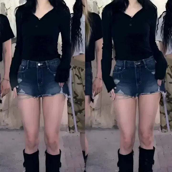 [BUNJANG] Leejae Karina-worn Y2K Denim Shorts (Black) / [택안뗌] 리재 카리나착용 데미지 y2k 데님 숏 팬츠 흑청