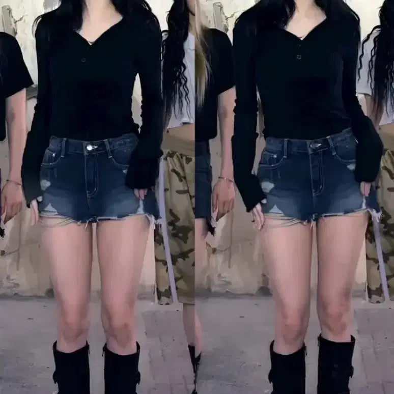 [BUNJANG] Leejae Karina-worn Y2K Denim Shorts (Black) / [택안뗌] 리재 카리나착용 데미지 y2k 데님 숏 팬츠 흑청