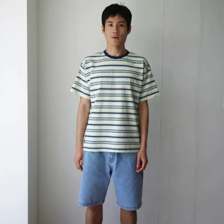 [SOLD OUT] 브루먼 라임 보더티셔츠 + 데님 반바지isko원단