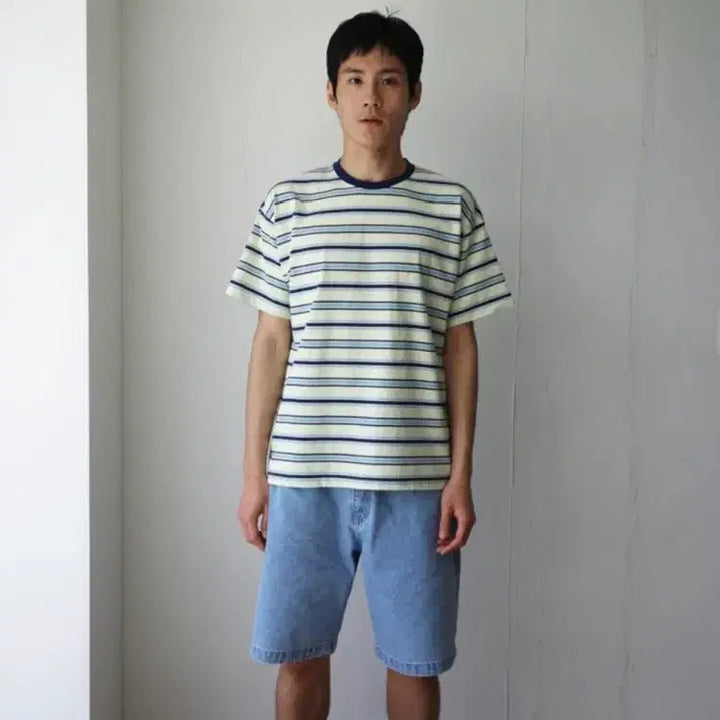 [SOLD OUT] 브루먼 라임 보더티셔츠 + 데님 반바지isko원단