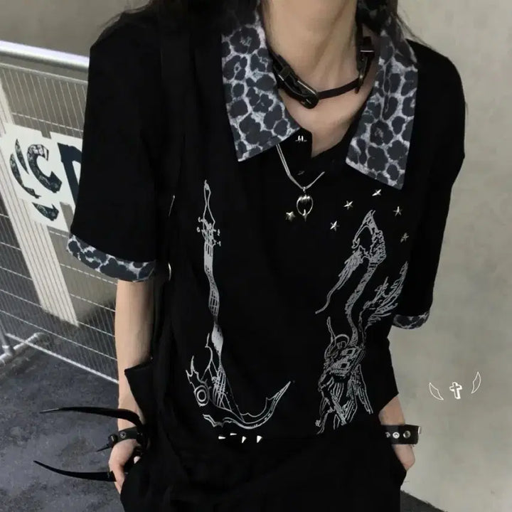[BUNJANG] Gothic Punk Leopard Print Short Sleeve T-Shirt / 고딕 펑크 레오파드 프린트 반팔티