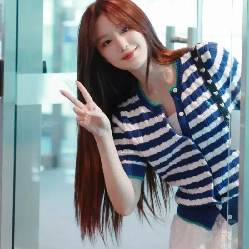 [BUNJANG] Polo Ralph Lauren Shuhua Stripe Cable Knit Short Sleeve Cardigan / (아이들슈화착용)폴로 랄프로렌 여성 스트라이프 케이블 숏슬리브 반팔니트
