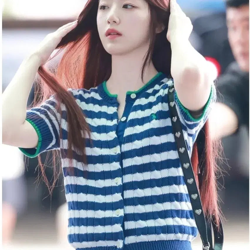 [BUNJANG] Polo Ralph Lauren Shuhua Stripe Cable Knit Short Sleeve Cardigan / (아이들슈화착용)폴로 랄프로렌 여성 스트라이프 케이블 숏슬리브 반팔니트
