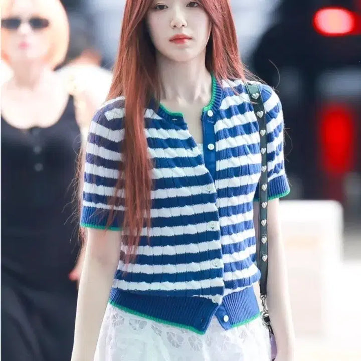 [BUNJANG] Polo Ralph Lauren Shuhua Stripe Cable Knit Short Sleeve Cardigan / (아이들슈화착용)폴로 랄프로렌 여성 스트라이프 케이블 숏슬리브 반팔니트