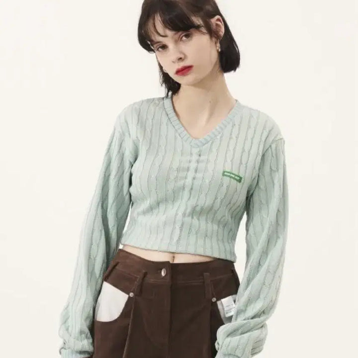 [BUNJANG] Odd One Out Shirring Crop Knit Mint Long Sleeve Top / 오드원아웃 크롭 셔링 긴팔 니트 민트
