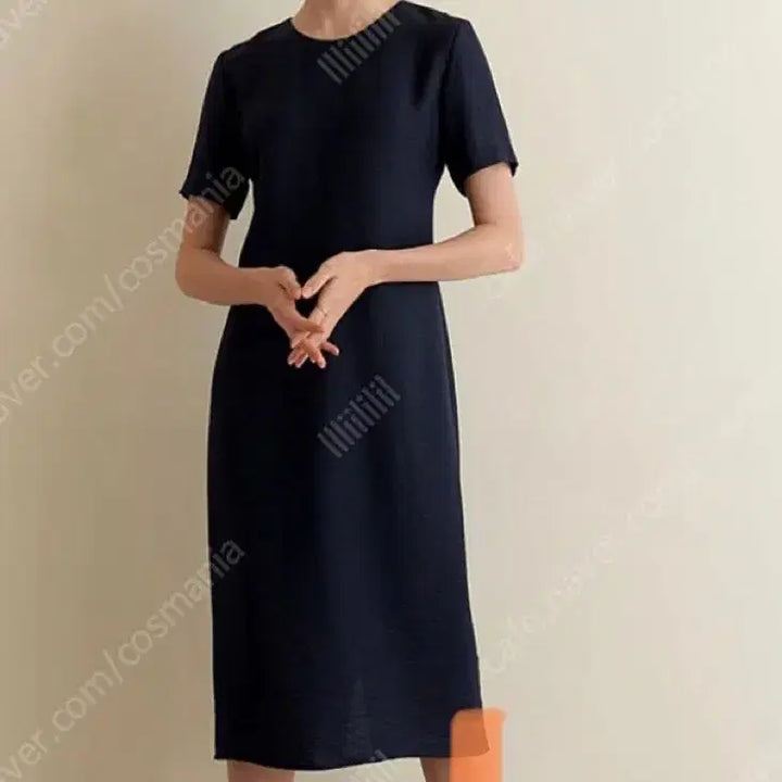 [BUNJANG] The Silhouette Crinkle Navy One-Piece Dress / 더 실루엣 크링클 네이비 원피스