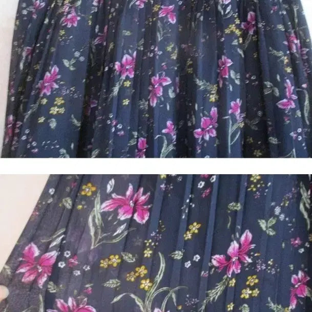 [BUNJANG] Pink Flower Navy Chiffon Long Skirt / 핑크꽃 / 네이비 쉬폰 롱 스커트