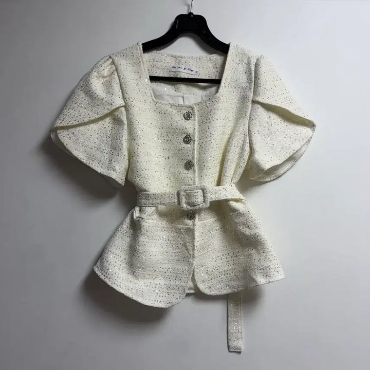 [BUNJANG] Ivory Tweed Short Sleeve Jacket with Belt / 새상품 여자 아이보리 트위드 반팔자켓 (벨트포함)