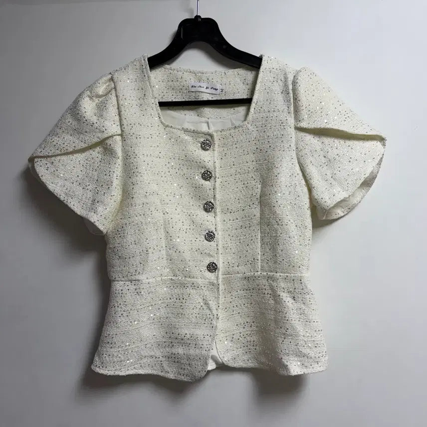 [BUNJANG] Ivory Tweed Short Sleeve Jacket with Belt / 새상품 여자 아이보리 트위드 반팔자켓 (벨트포함)