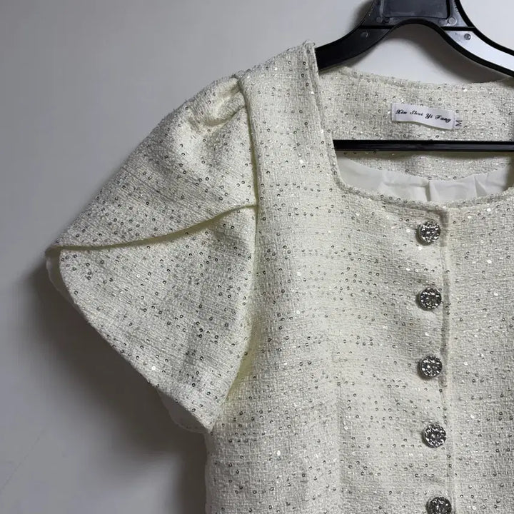 [BUNJANG] Ivory Tweed Short Sleeve Jacket with Belt / 새상품 여자 아이보리 트위드 반팔자켓 (벨트포함)