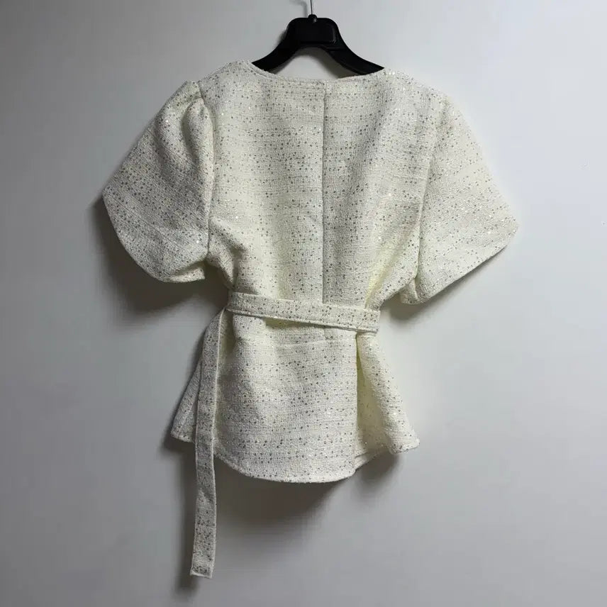 [BUNJANG] Ivory Tweed Short Sleeve Jacket with Belt / 새상품 여자 아이보리 트위드 반팔자켓 (벨트포함)