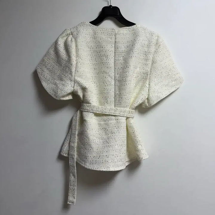 [BUNJANG] Ivory Tweed Short Sleeve Jacket with Belt / 새상품 여자 아이보리 트위드 반팔자켓 (벨트포함)