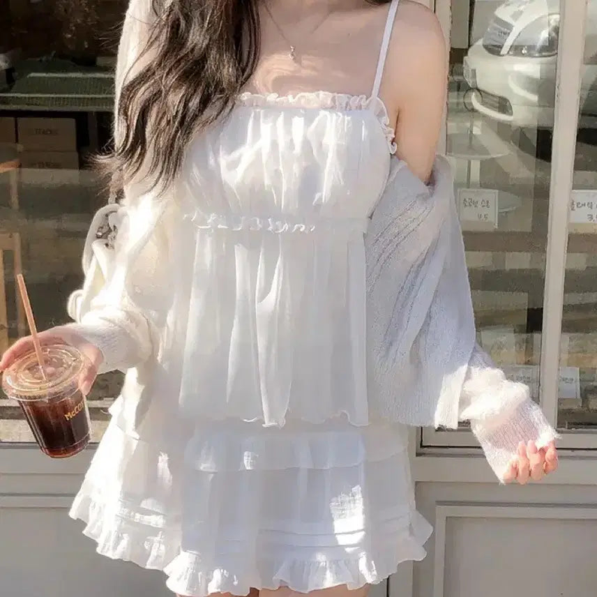 [SOLD OUT] 에이블리 쇼퍼랜드 쉬폰 레이스 나시 슬리브리스 아이보리