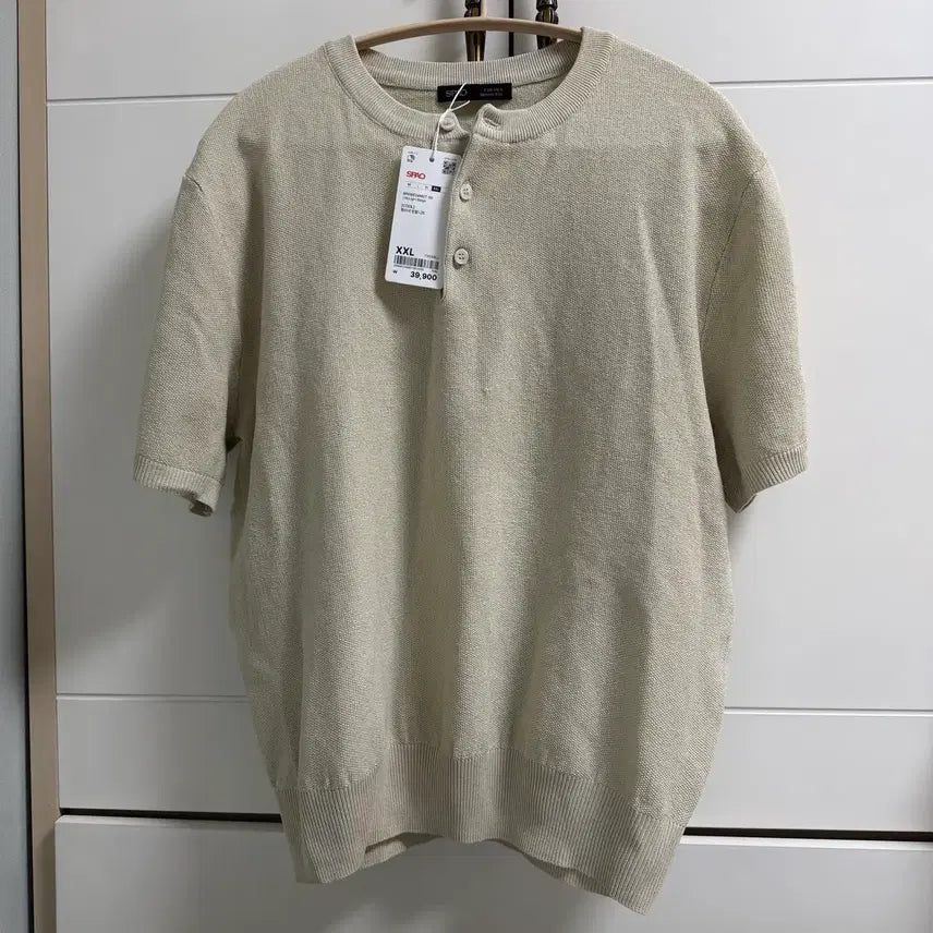[BUNJANG] Spao Henley Neck Short Sleeve Knit Top / 새상품)스파오 남성 여성 헨리넥 반팔 니트 xxl 라이트베이지