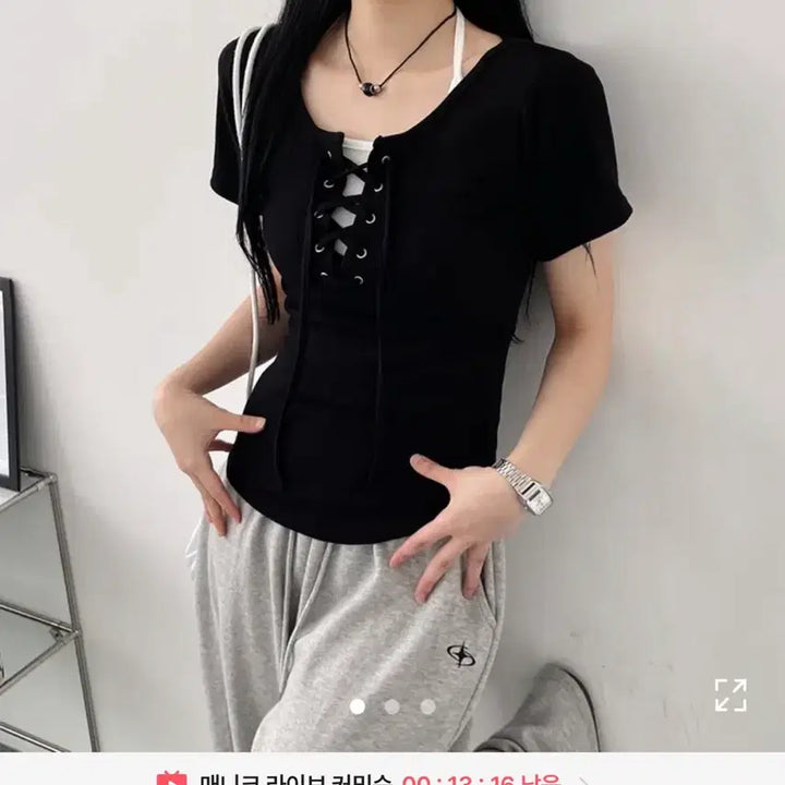 [BUNJANG] A-line Short Sleeve Top / 아일렛 포인트 반팔 티셔츠 통통 44~66 상의 리본끈 에이블리