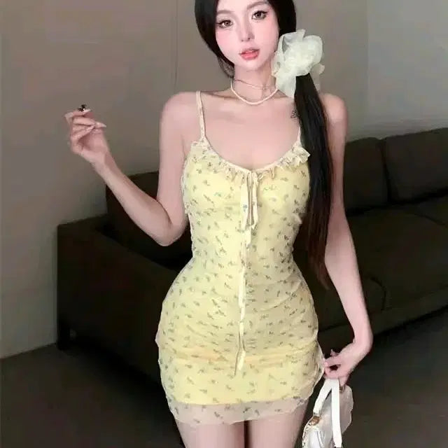 [BUNJANG] Summer Lemon Yellow Mini Dress / [빠른발송] 여름 레몬 플라워 옐로우 끈 미니 원피스