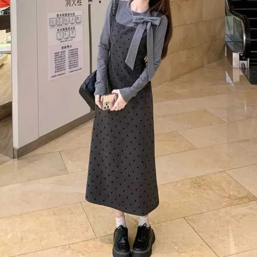 [BUNJANG] Ribbon Dot Contrast Dress - M / 리본 도트 배색 원피스-M