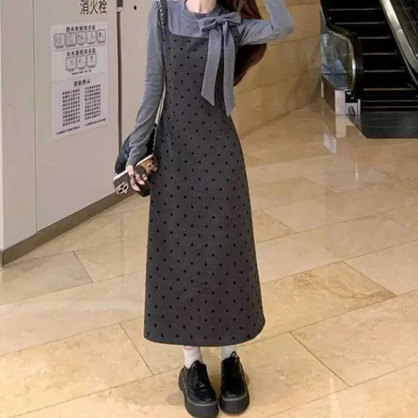 [BUNJANG] Ribbon Dot Contrast Dress - M / 리본 도트 배색 원피스-M