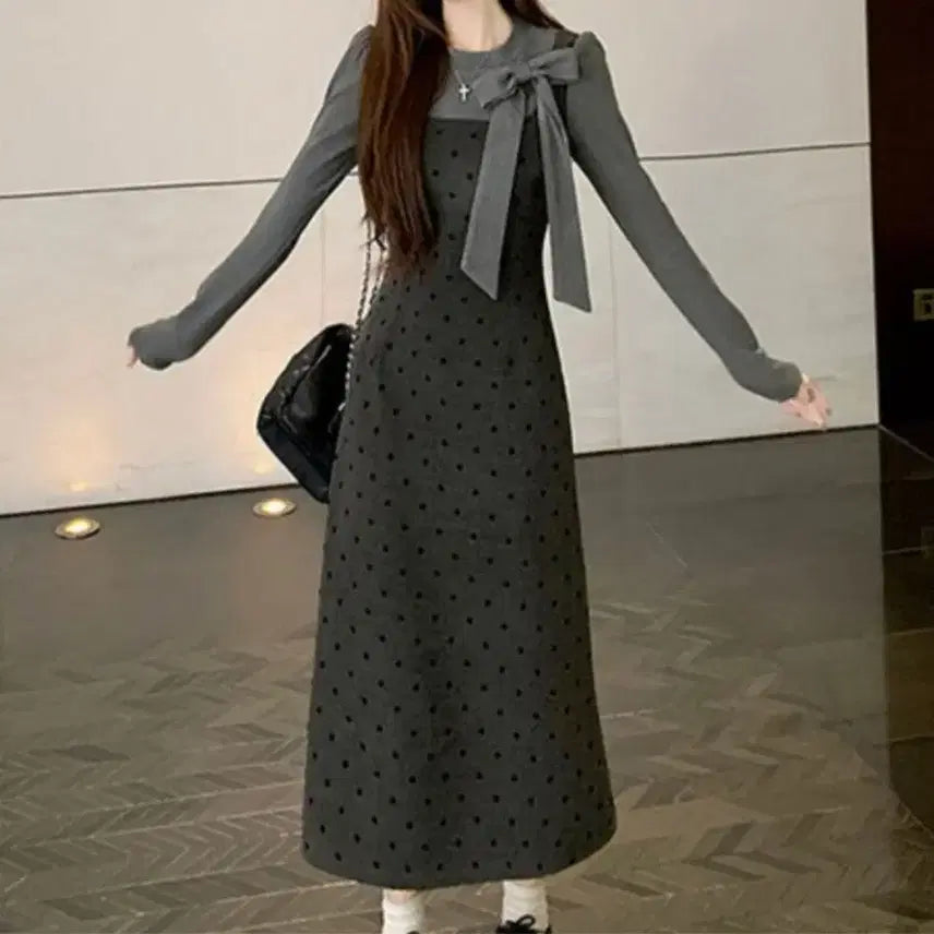 [BUNJANG] Ribbon Dot Contrast Dress - M / 리본 도트 배색 원피스-M
