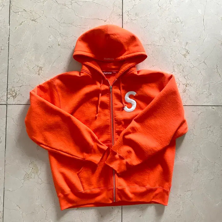 [SOLD OUT] 슈프림 S로고 집업 후드 스웨트셔츠 브라이트오렌지 XL사이즈