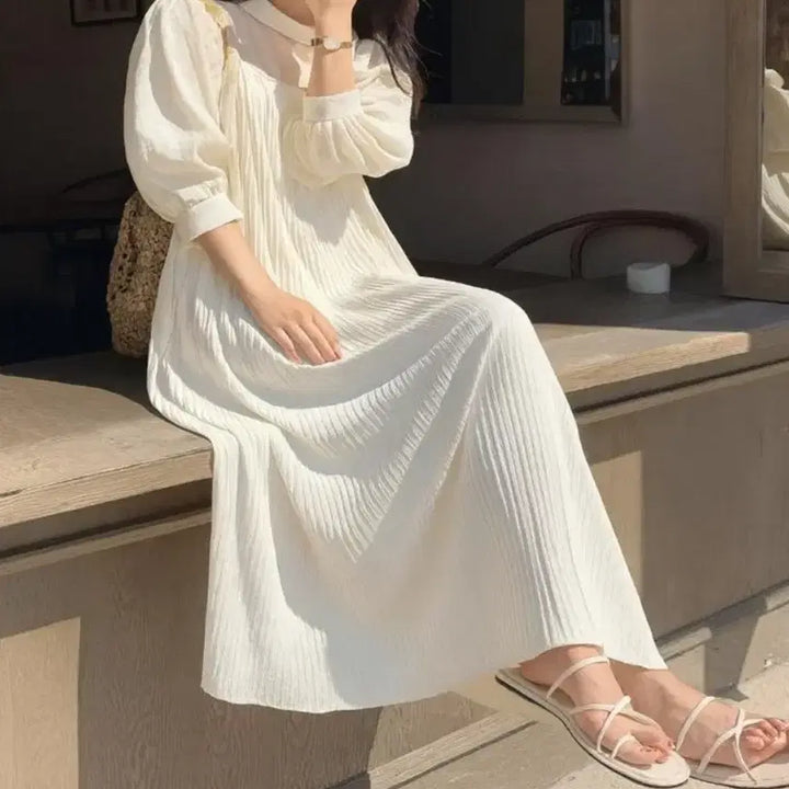 [BUNJANG] Pleated Daily Flare Dress - White / 플리츠 데일리 플레어 원피스-화이트
