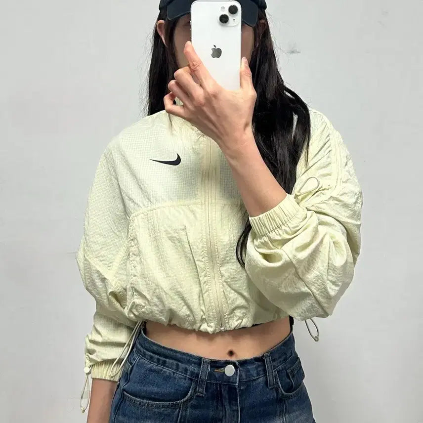 [BUNJANG] Nike Swoosh Logo Woven Crop Jacket Cream / 나이키 스우시 로고 우븐 크롭 자켓 크림컬러