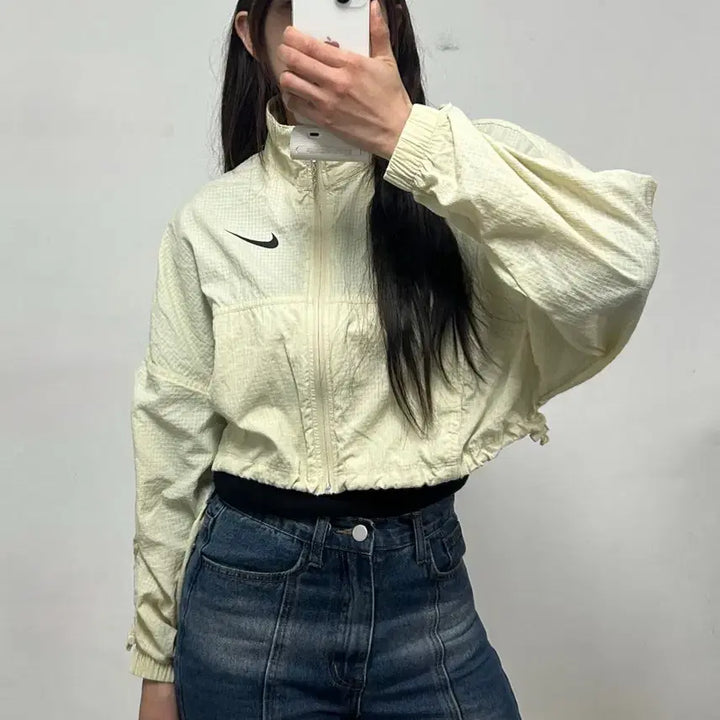 [BUNJANG] Nike Swoosh Logo Woven Crop Jacket Cream / 나이키 스우시 로고 우븐 크롭 자켓 크림컬러