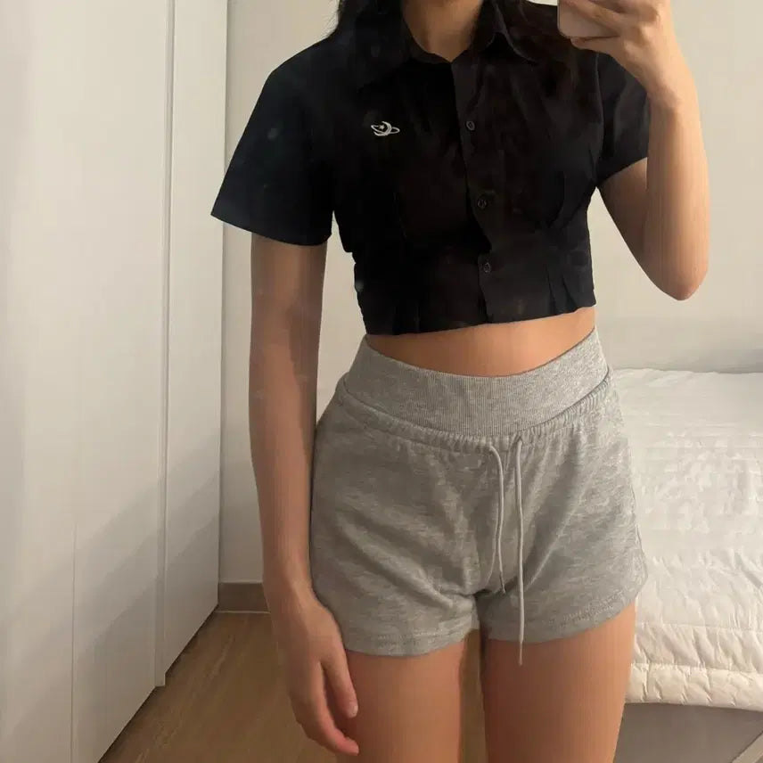 [BUNJANG] Black Crop Short Sleeve Shirt / 블랙 크롭 반팔 셔츠