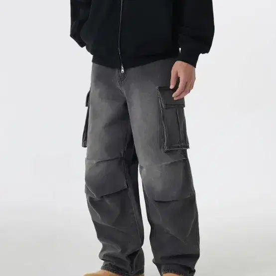 [BUNJANG] Matin Standard Washed Black Denim Parachute Cargo Pants / 무탠다드 데님 파라슈트 카고 팬츠 [워시드 블랙]