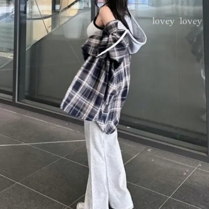 [BUNJANG] Masill Relaxed Fit Navy Check Hooded Shirt/Jacket / 마실 루즈핏 네이비 체크 후드 셔츠/ 자켓
