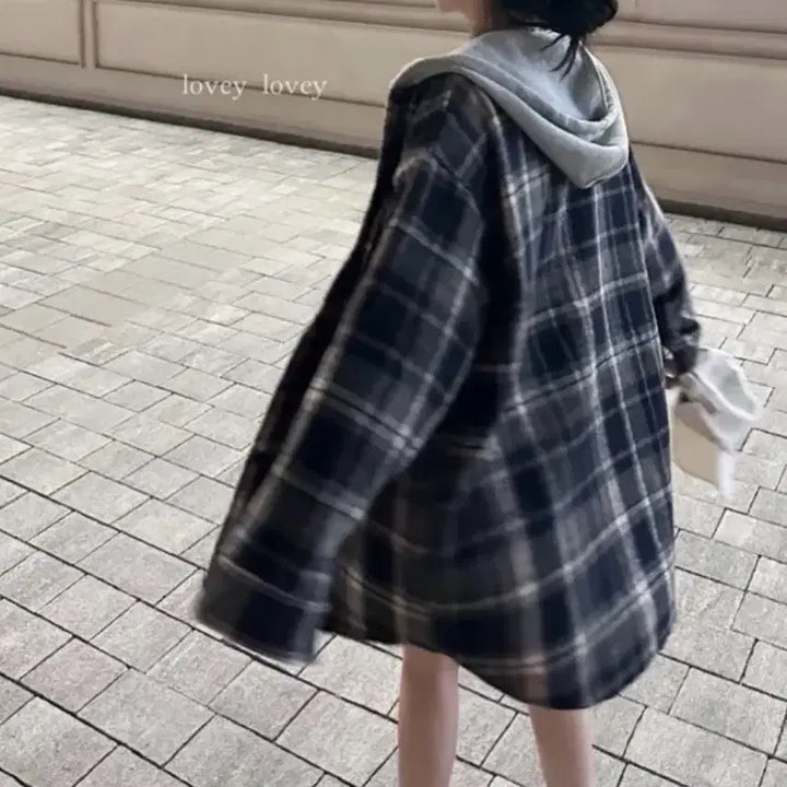 [BUNJANG] Masill Relaxed Fit Navy Check Hooded Shirt/Jacket / 마실 루즈핏 네이비 체크 후드 셔츠/ 자켓