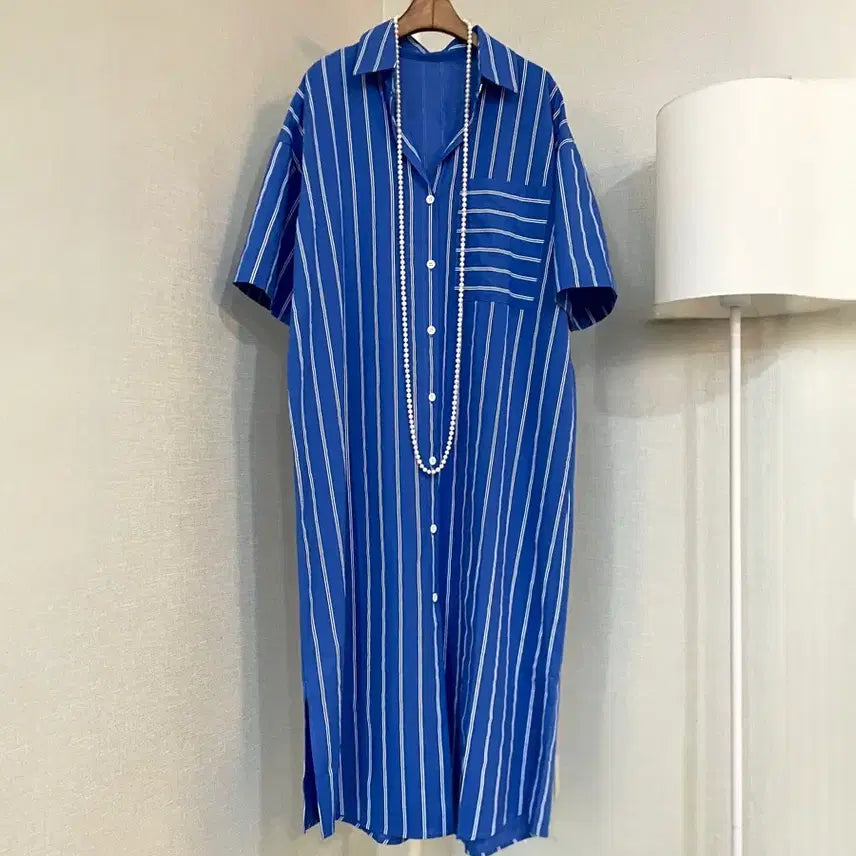 [BUNJANG] Long Sleeve Linen Blend Midi Dress / 롱반팔 면셔츠 린넨카라 미디빅사이즈 원피스