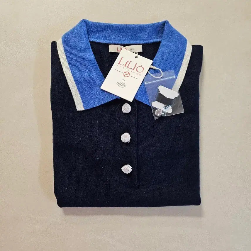[BUNJANG] Lilio Cashmere Short Sleeve Collar Knit Navy S / (네이비S) 릴리오 캐시미어 반팔 카라니트