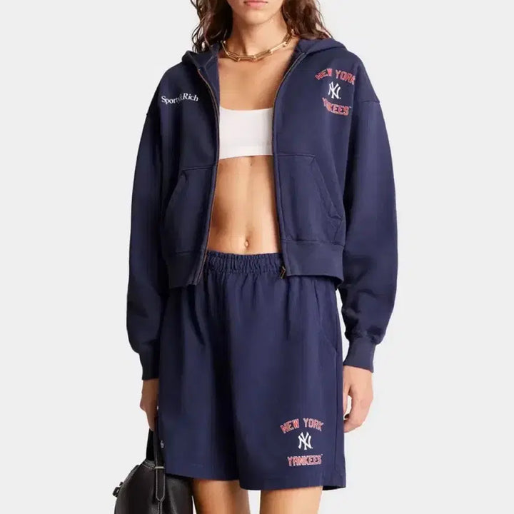 [BUNJANG] Sporty &amp; Rich Short Hoodie Zip-up Navy M / 스포티앤리티 숏 후드집업