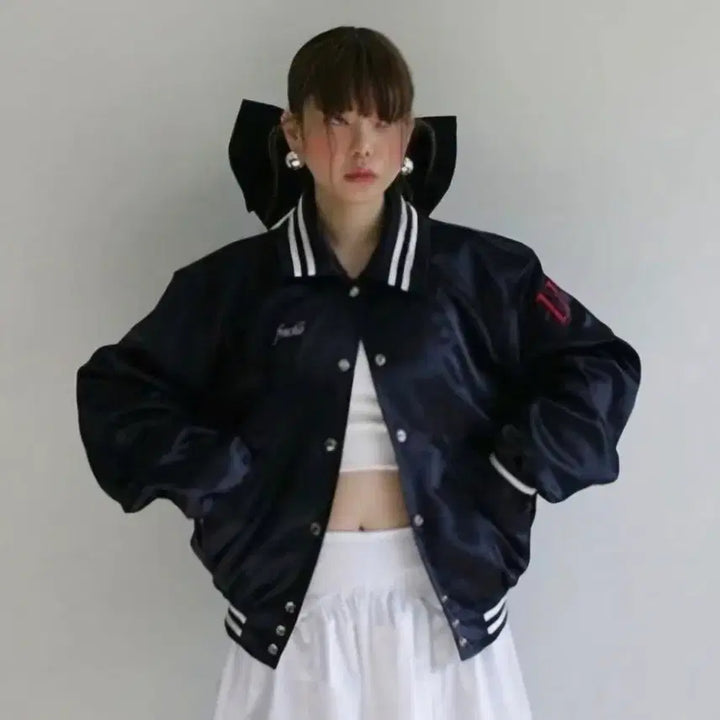 [BUNJANG] Freckle Satin Varsity Jacket - Navy / 프레클 새틴 바시티 자켓 - 네이비