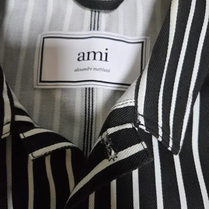 [BUNJANG] AMI Leather Patch Stripe Shirt Jacket / 아미 가죽패치 스트라이프 셔켓 105