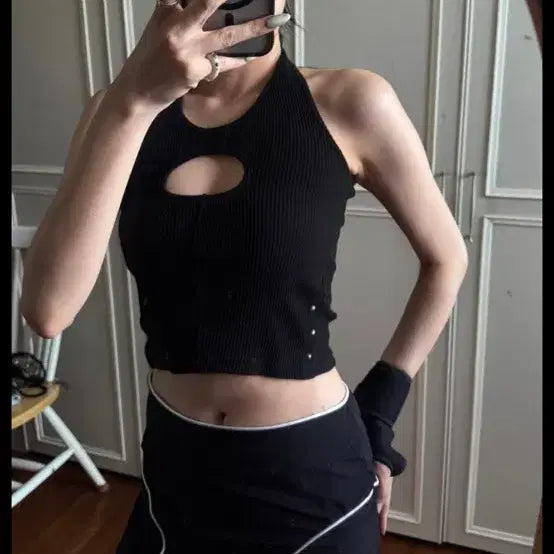 [BUNJANG] Black Halter Neck Top and Line Skirt Set / 홀터넥 나시 탑 + 라인 스커트 세트