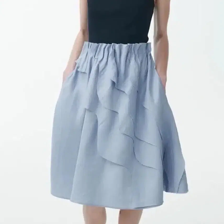 [BUNJANG] COS Ruffle Banding Skirt Linen Blend Midi Skirt / COS코스 러플 밴딩스커트 린넨혼방 하늘색프릴캉캉블루치마레이어드A라인미디
