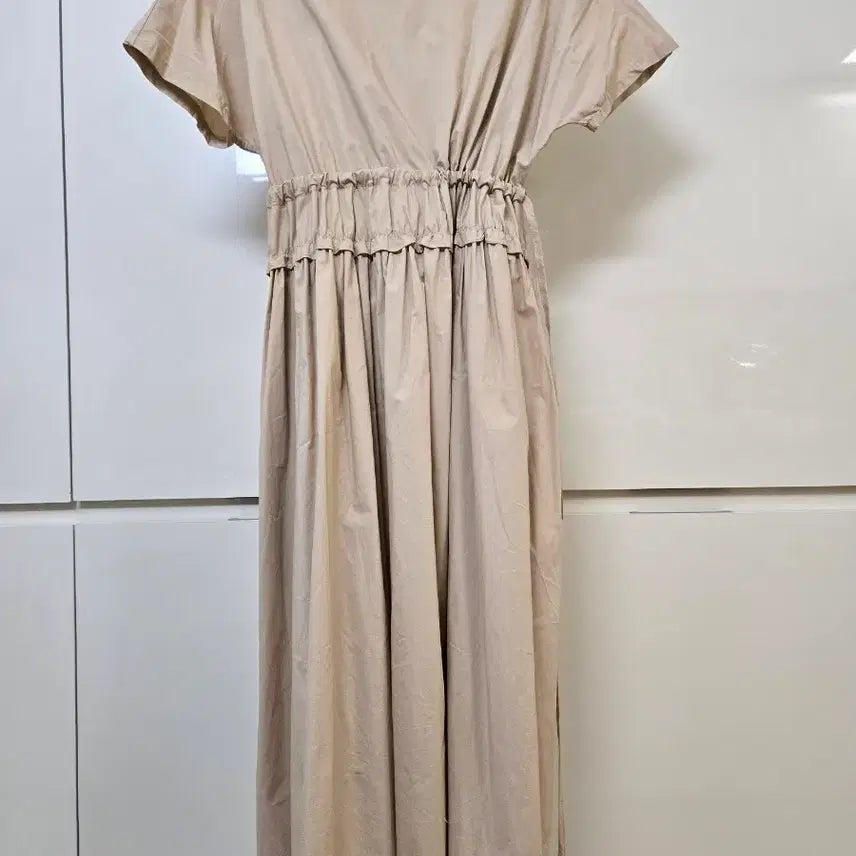 [BUNJANG] Beige Long Dress Shirring Short Sleeve / 베이지 롱 원피스 셔링 반팔