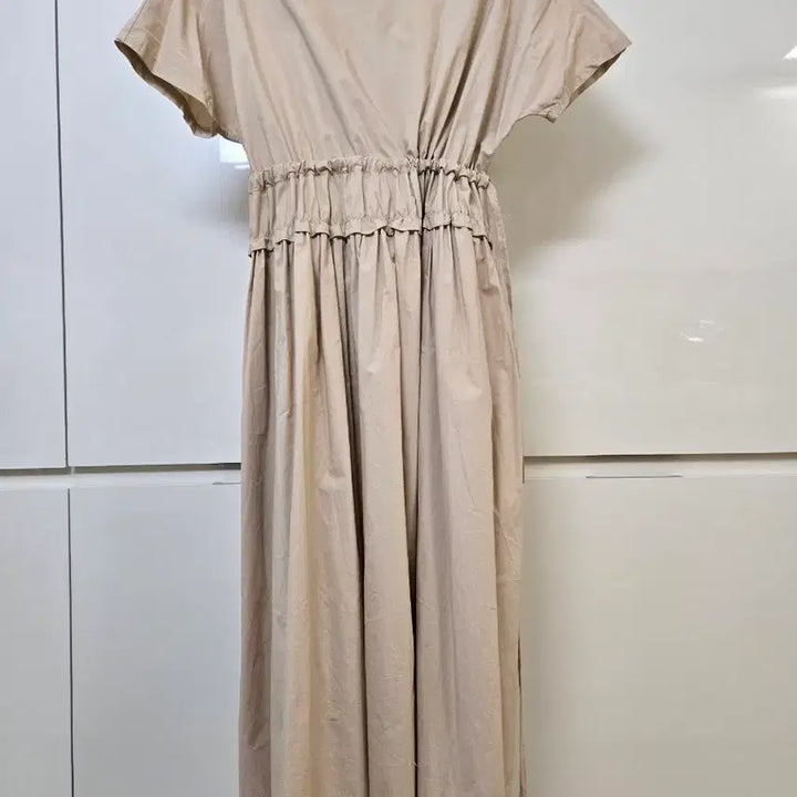[BUNJANG] Beige Long Dress Shirring Short Sleeve / 베이지 롱 원피스 셔링 반팔