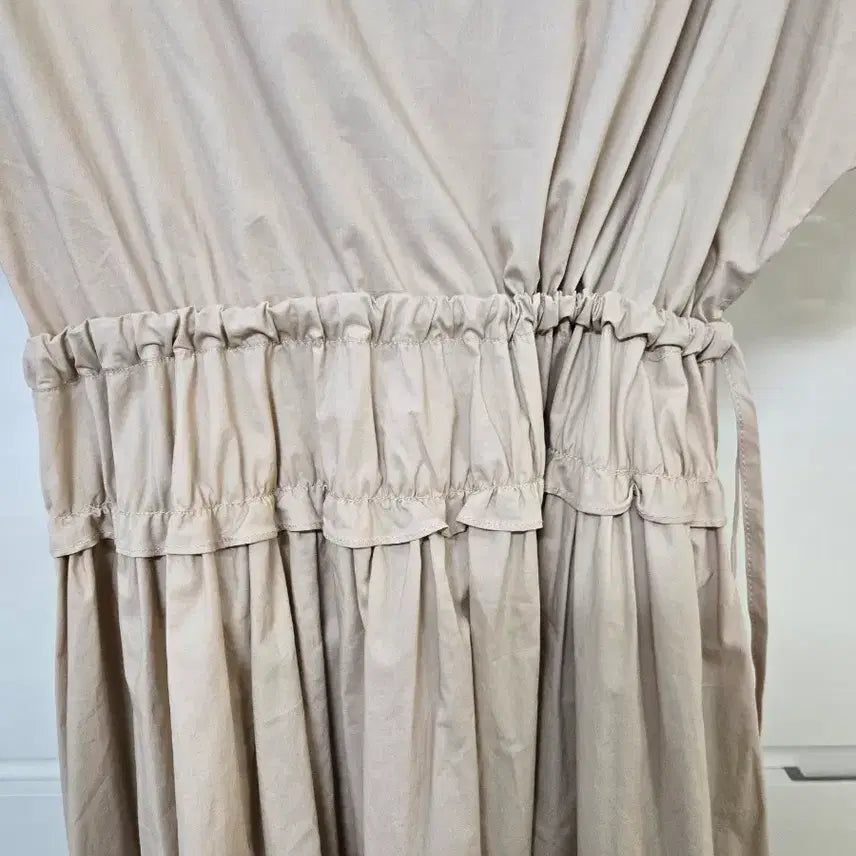 [BUNJANG] Beige Long Dress Shirring Short Sleeve / 베이지 롱 원피스 셔링 반팔