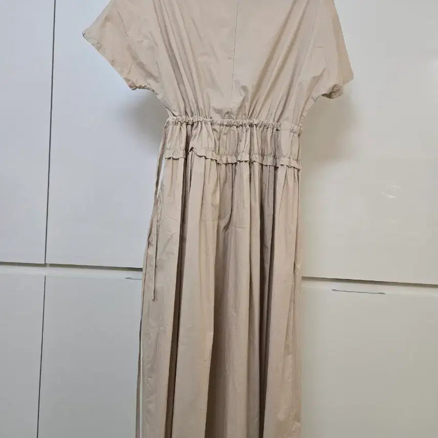 [BUNJANG] Beige Long Dress Shirring Short Sleeve / 베이지 롱 원피스 셔링 반팔