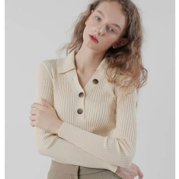 [BUNJANG] Paul &amp; Alice Cream Color Knit Top / (미착용) 폴앤앨리스 카라넥 니트 크림색