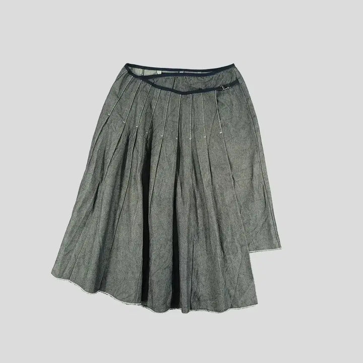 [BUNJANG] S Max Mara Gray Stitch Pleated Unbalanced Buckle Skirt / S MAXMARA 에스 막스마라 JP 그레이 스티치 플리츠 언발란스 버클