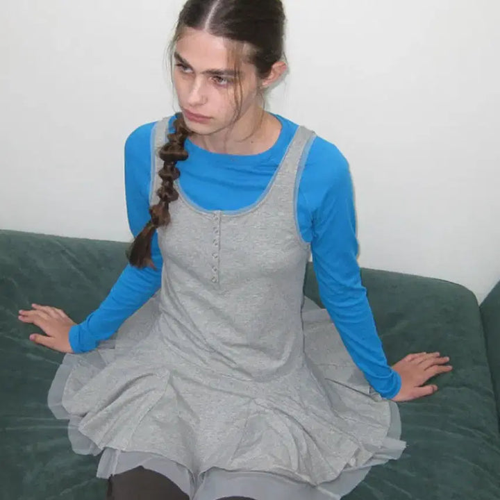 [BUNJANG] Partimento Woman Contrast Button-Up Layered Dress - Gray (S) / 파르티멘토우먼 콘트라스트 버튼업 레이어드 드레스 그레이 S