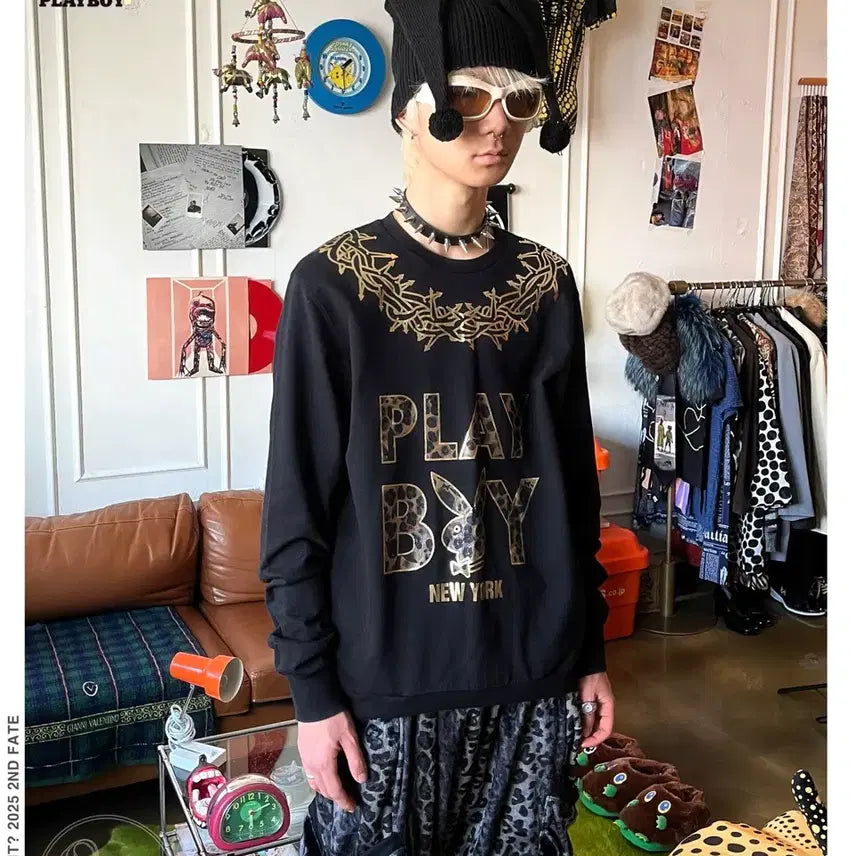 [BUNJANG] Playboy Vintage Tribal Leopard Long Sleeve Sweatshirt / Playboy 플레이보이 빈티지 트라이벌 레오파드 롱슬리브 스웻셔츠