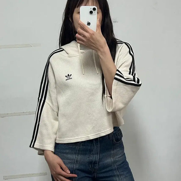 [BUNJANG] Adidas Waffle Cropped Hoodie Cream Color M / 아디다스 와플 크롭 후드티 크림컬러