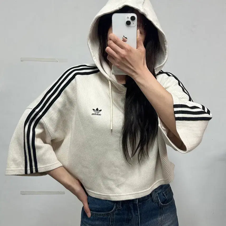 [BUNJANG] Adidas Waffle Cropped Hoodie Cream Color M / 아디다스 와플 크롭 후드티 크림컬러