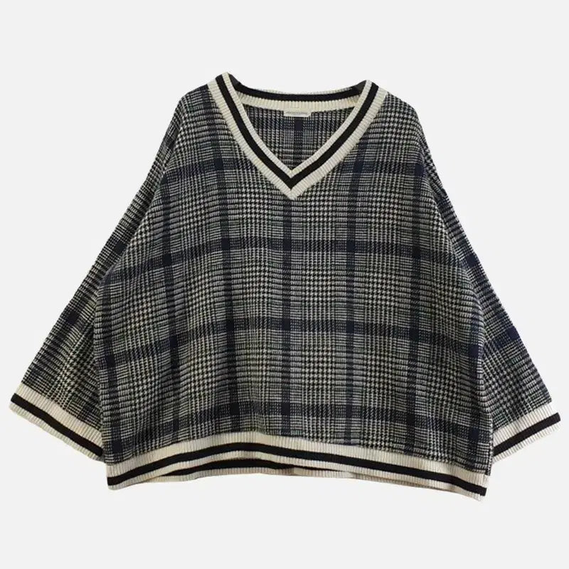 [BUNJANG] FREE V-Neck Checkered Knit Top / 여FREE 브이넥 체크 니트 M6373